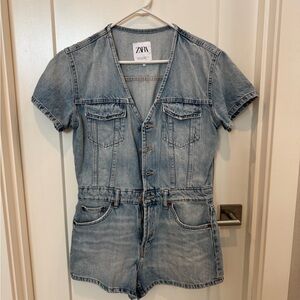 Zara Denim Short Sleeve Jumpsuit